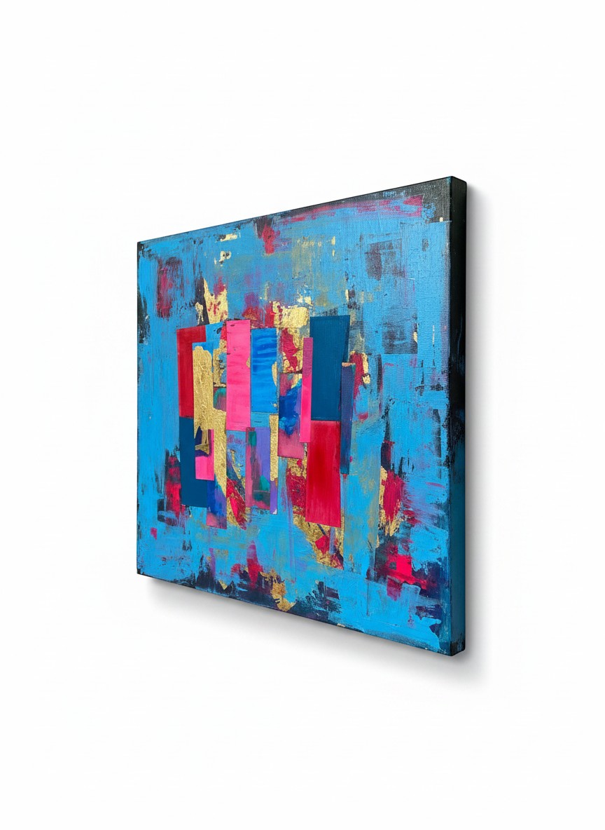 Chic Collective Electric Rhythm abstract painting with cerulean blue, crimson, magenta, violet, indigo, and gold leaf.