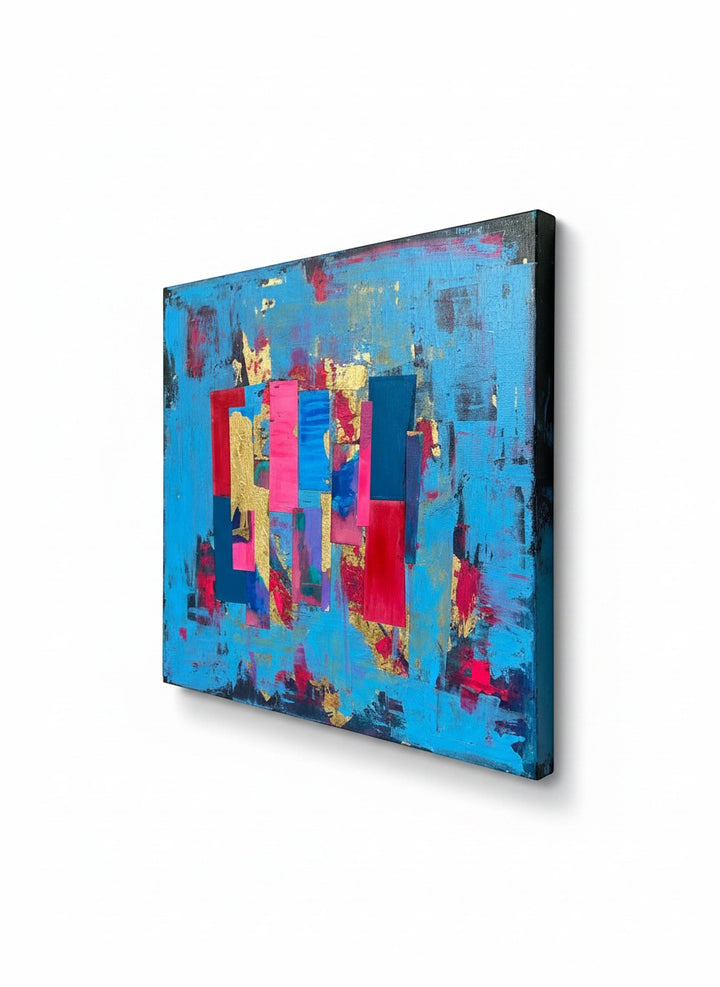 Chic Collective Electric Rhythm abstract painting with cerulean blue, crimson, magenta, violet, indigo, and gold leaf.