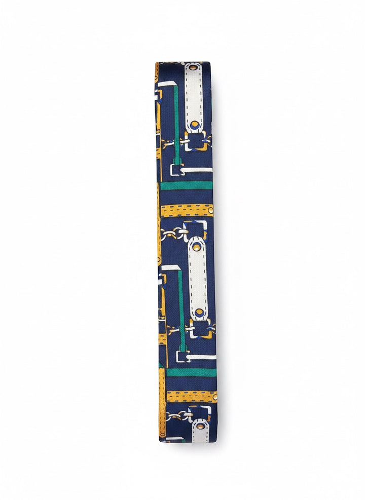 Chic Collective navy satin ribbon tie with gold, ivory, and emerald harness print. Slim silhouette for versatile styling.