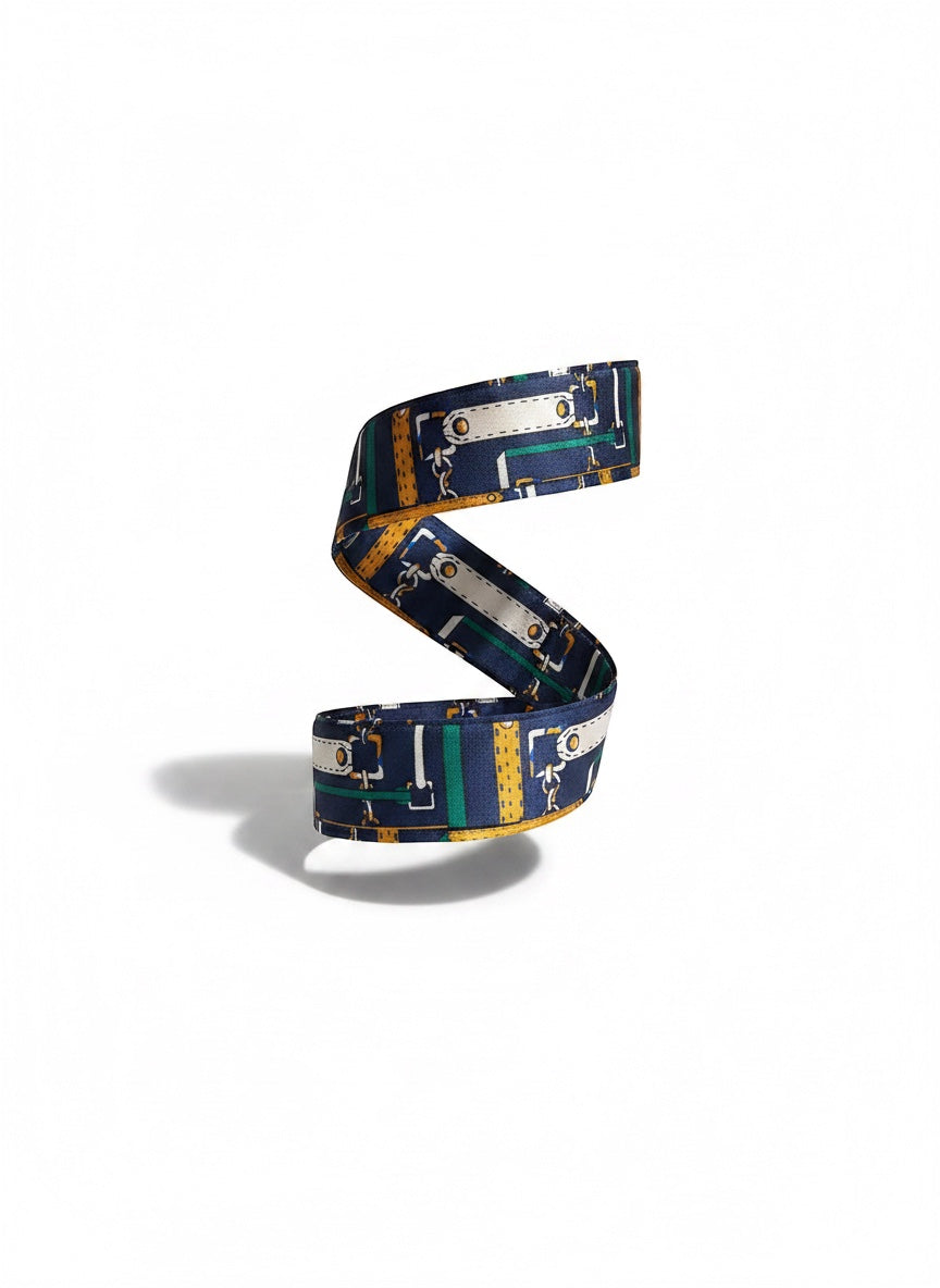 Chic Collective navy satin ribbon tie with gold, ivory, and emerald harness print. Slim accessory for versatile styling.
