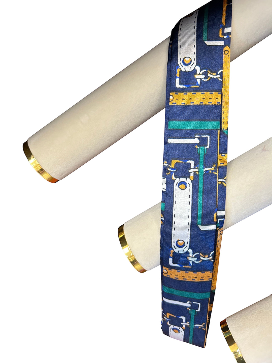 Chic Collective navy satin ribbon tie with gold, ivory, and emerald harness print. Slim accessory for versatile styling.