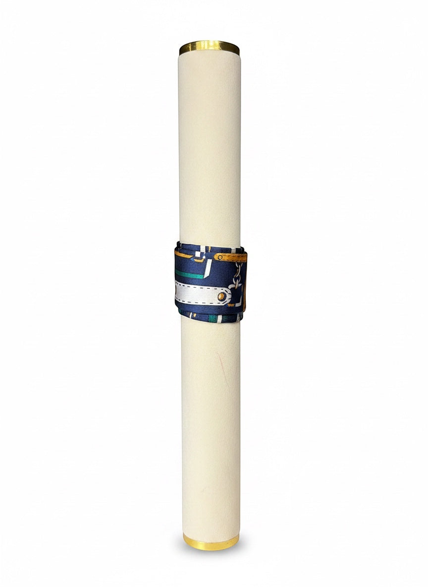 Chic Collective Equestrian Ribbon Tie scarf with navy, gold, ivory, and emerald harness print. Silky satin finish.