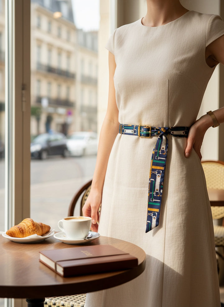 Chic Collective Equestrian Ribbon Tie scarf with navy, gold, ivory, and emerald harness details, tied around a dress.