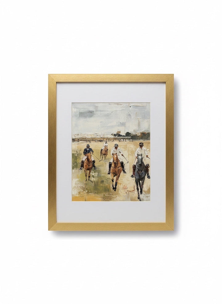 Chic Collective Final Chukker framed artwork: four polo riders on horseback in muted earth tones, ivory, charcoal, and sage.