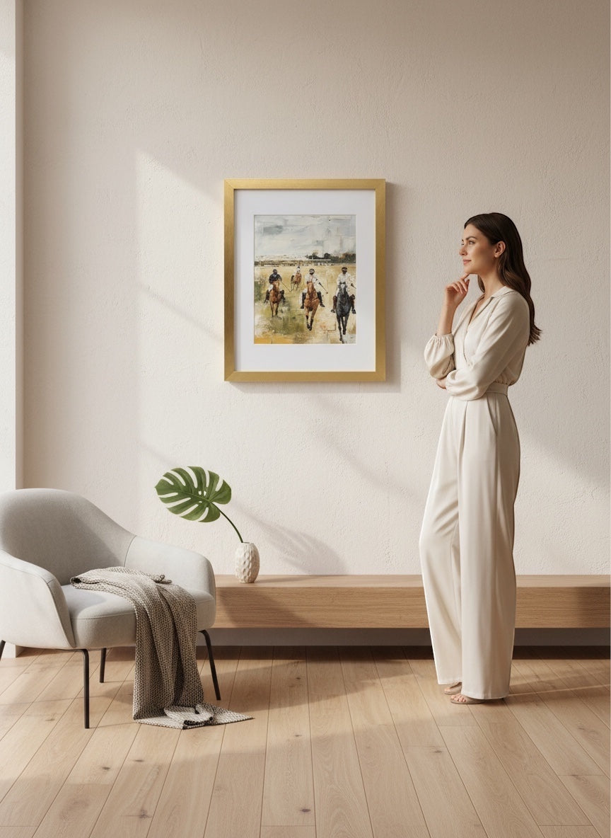 Chic Collective Final Chukker framed artwork of polo riders in muted earth tones, ivory, charcoal, and sage.