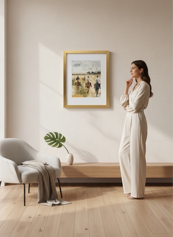 Chic Collective Final Chukker framed artwork of polo riders in muted earth tones, ivory, charcoal, and sage.