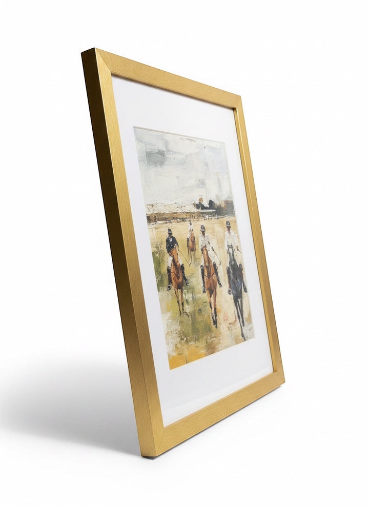 Chic Collective Final Chukker framed artwork, impressionist painting of polo players on horseback in muted earth tones.