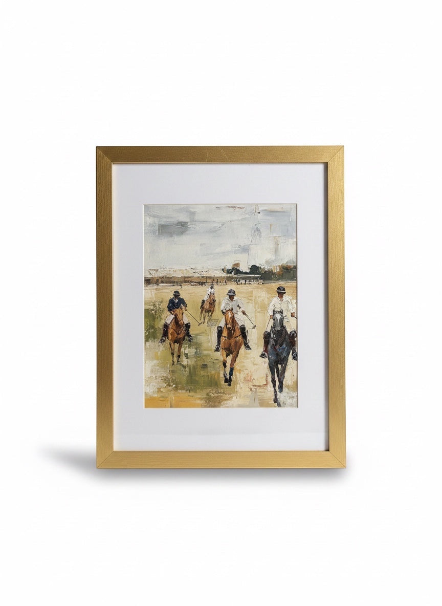 Chic Collective Final Chukker painting of polo players on horseback in muted earth tones, ivory, charcoal, and sage.