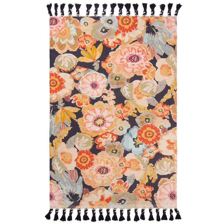 Chic Collective Florage 120x180cm rug with a vibrant floral print on woven cotton, featuring peach, orange, and blue flowers with black tassels.