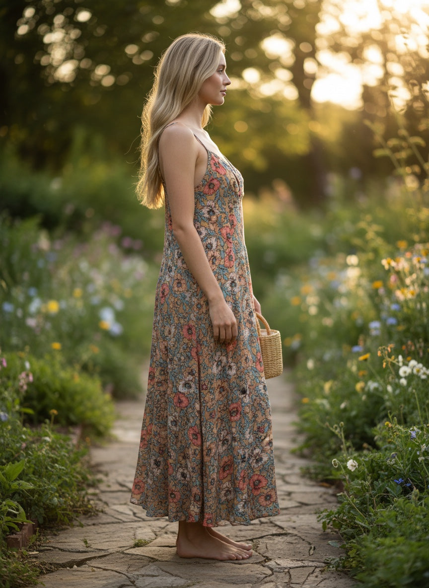 Chic Collective floral print midi dress with spaghetti straps and cowl neckline in coral, blue, and white on tan.