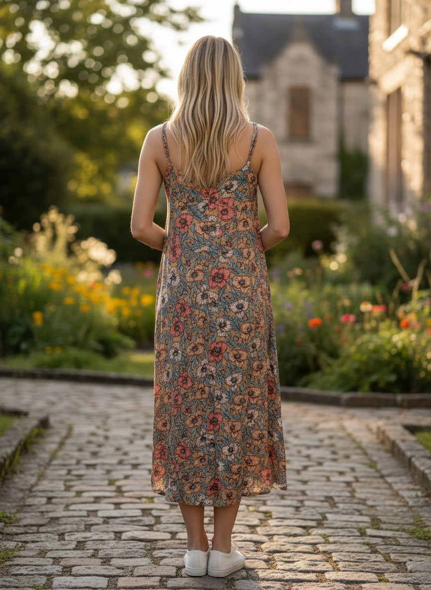Chic Collective floral print midi dress with spaghetti straps and cowl neckline in tan with coral, blue, and white blooms.