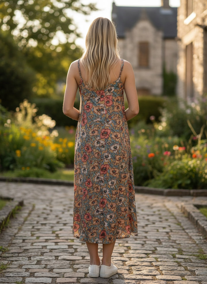 Chic Collective floral print midi dress with spaghetti straps and cowl neckline in tan with coral, blue, and white blooms.
