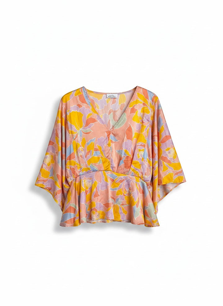 Chic Collective floral print peplum blouse with V-neckline and kimono sleeves in peach, yellow, lavender, and sky blue.
