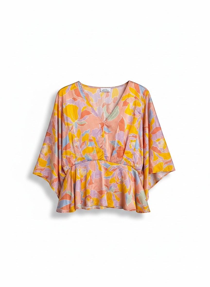 Chic Collective floral print peplum blouse with V-neckline and kimono sleeves in peach, yellow, lavender, and sky blue.