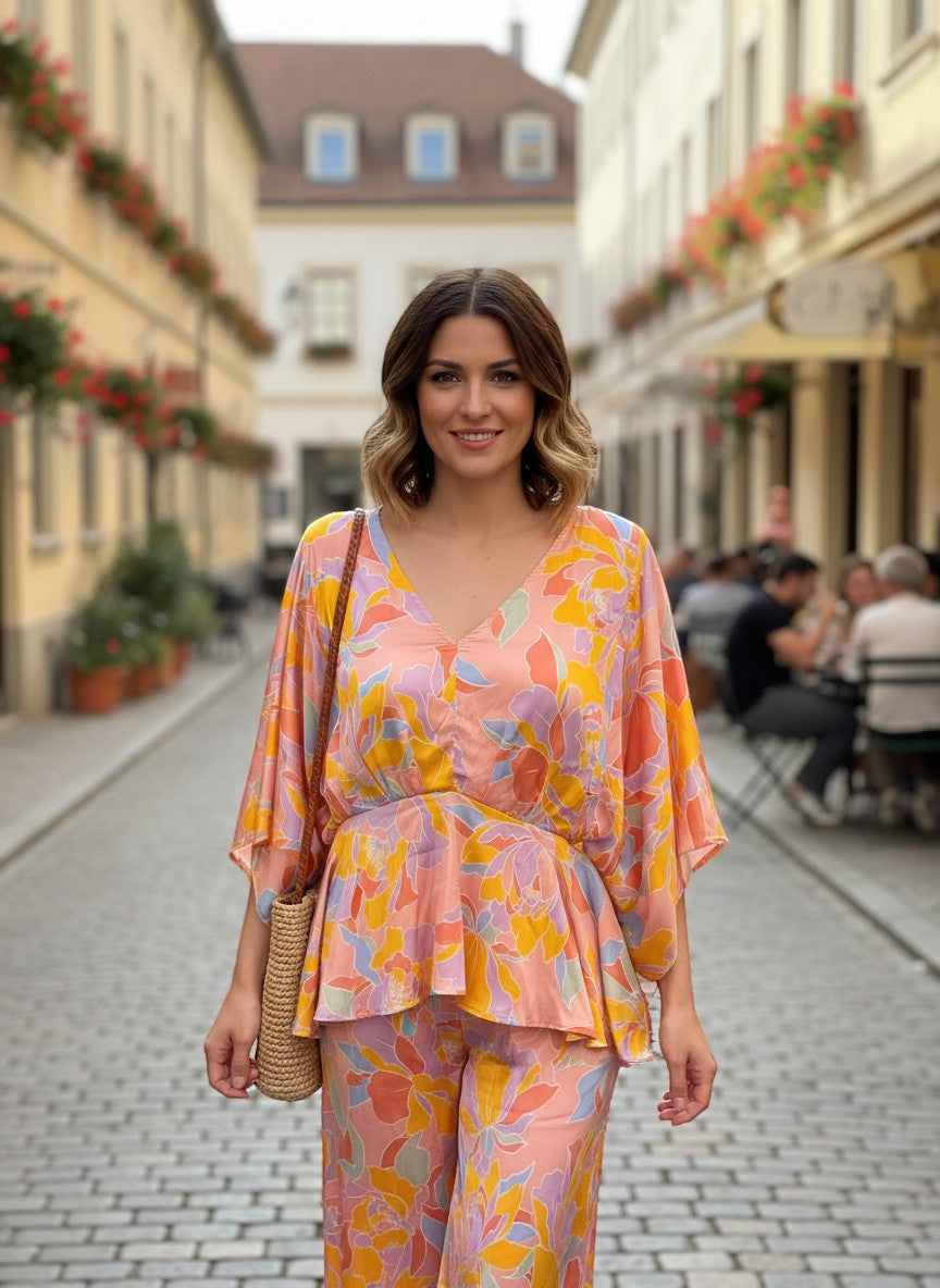 Chic Collective floral print peplum blouse in peach, yellow, lavender, and sky blue. V-neck, kimono sleeves.
