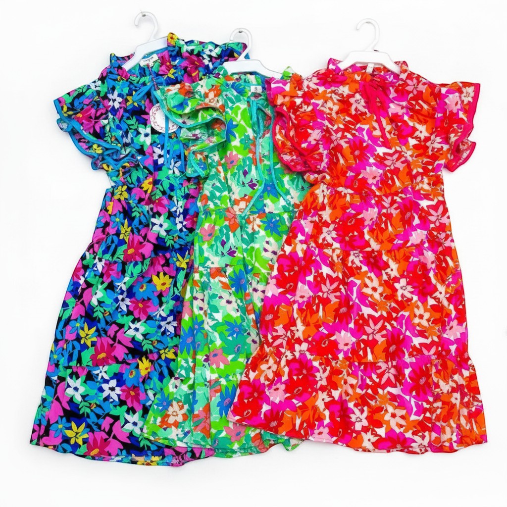 Chic Collective vibrant floral print dresses in green, blue, and pink with tiered skirts and ruffled sleeves.