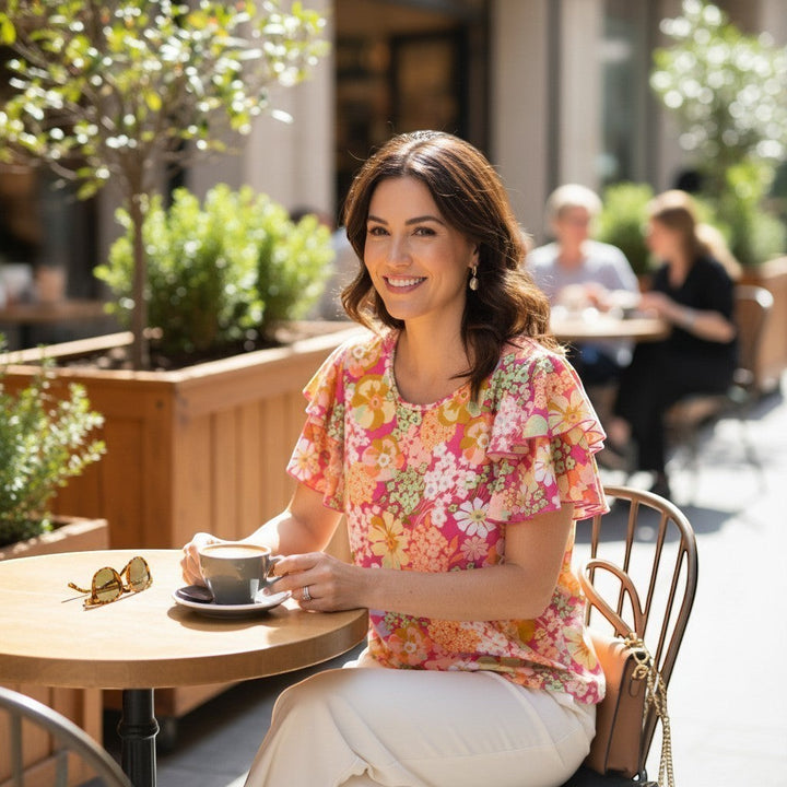 Chic Collective fuchsia, orange, green, yellow floral ruffle top worn by a woman sitting at an outdoor cafe.