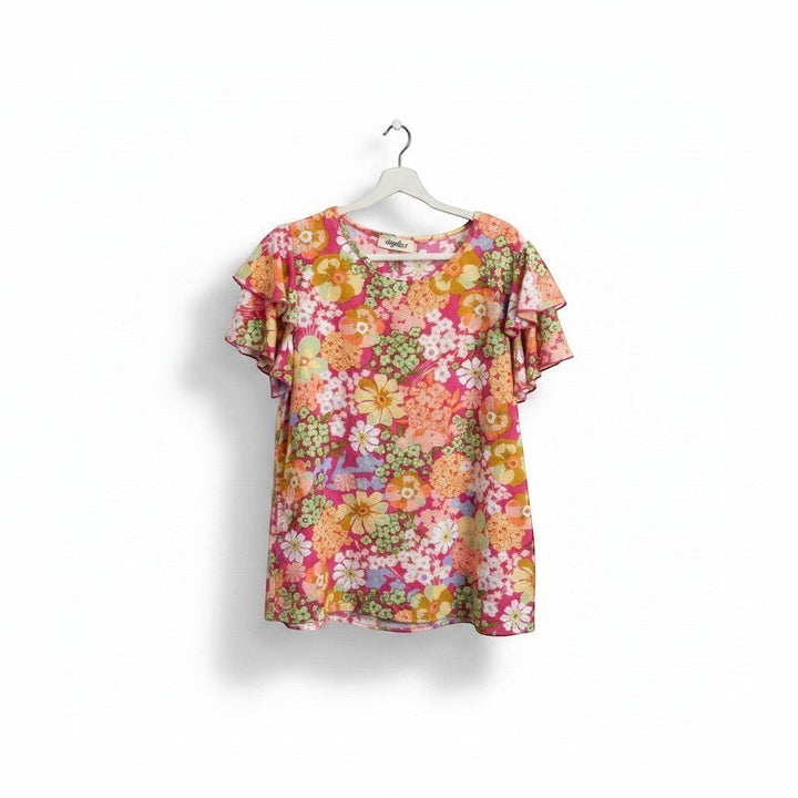 Chic Collective fuchsia pink, orange, green, yellow floral print top with ruffle sleeves.