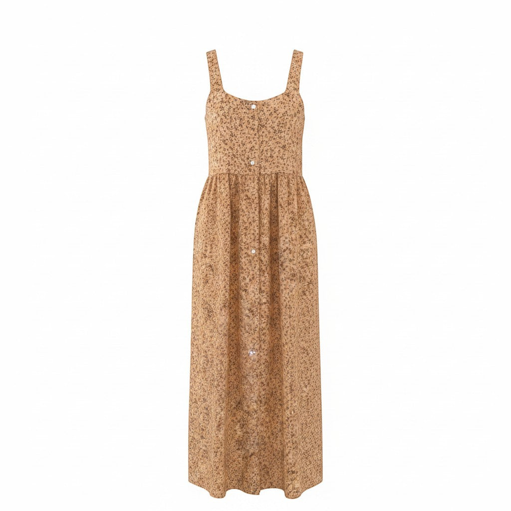 Chic Collective floral tan maxi dress with button front and adjustable straps. Lightweight fabric perfect for summer.