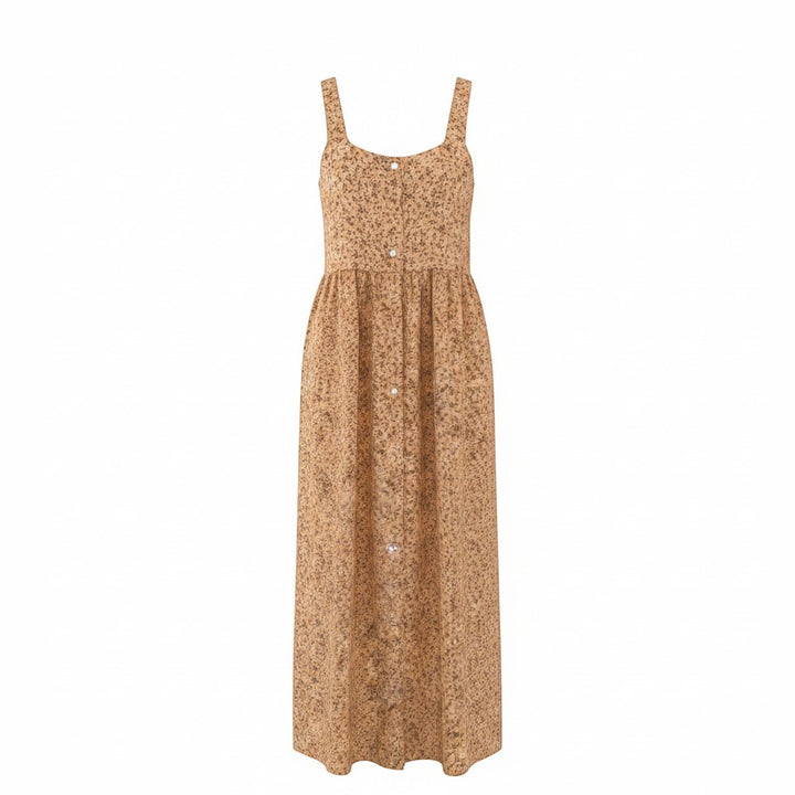 Chic Collective floral tan maxi dress with button front and adjustable straps. Lightweight fabric perfect for summer.