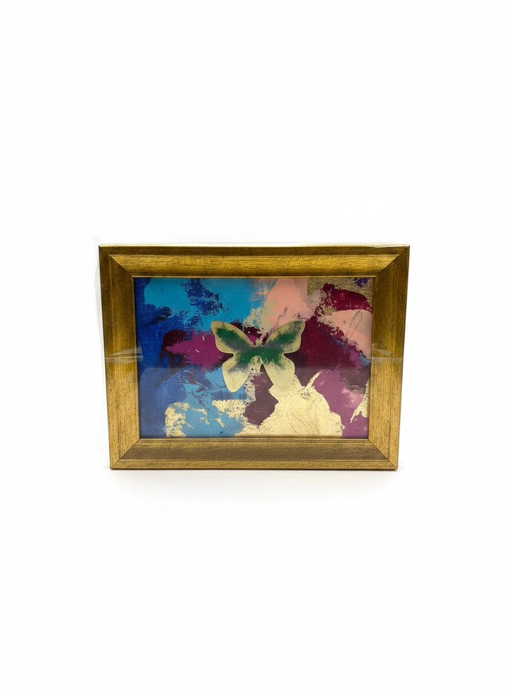Chic Collective framed abstract art with butterfly motif in sapphire, plum, pink, green, and gold.