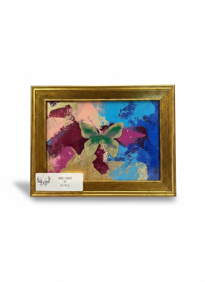 Chic Collective Flutter &amp; Bloom framed abstract art with butterfly, gold frame, sapphire, plum, pink, green, gold.