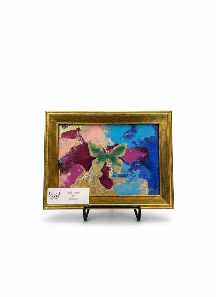 Chic Collective Flutter &amp; Bloom abstract painting with butterfly, gold frame, sapphire, plum, pink, green, gold.