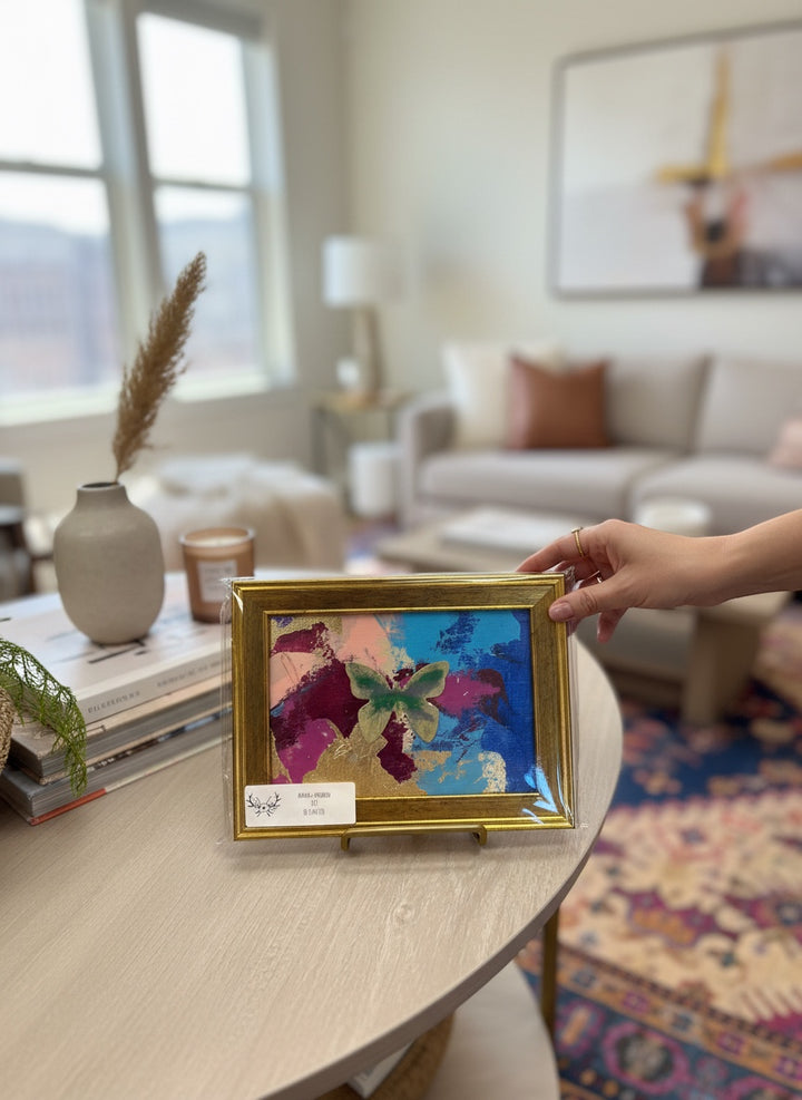 Chic Collective Flutter &amp; Bloom framed abstract art with butterfly, gold frame, sapphire, plum, pink, green, gold.