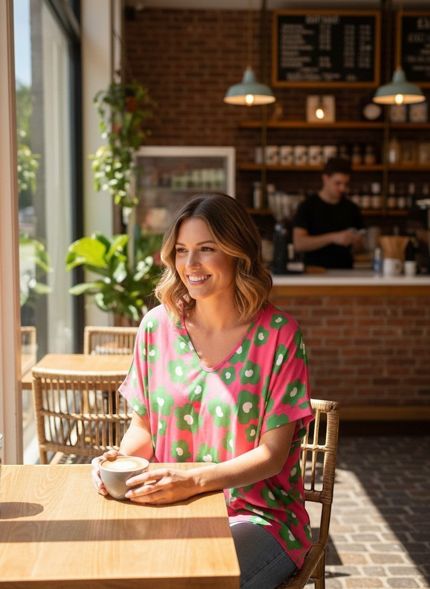 Chic Collective fuchsia green floral dolman top with V-neck, worn by a smiling woman holding a coffee cup in a cafe.