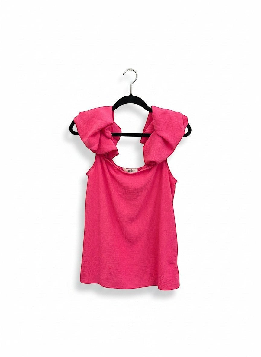 Chic Collective fuchsia solid color tank top with ruffled scrunch sleeves and a textured fabric.