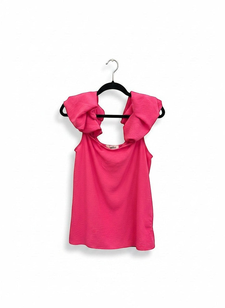 Chic Collective fuchsia solid color tank top with ruffled scrunch sleeves and a textured fabric.