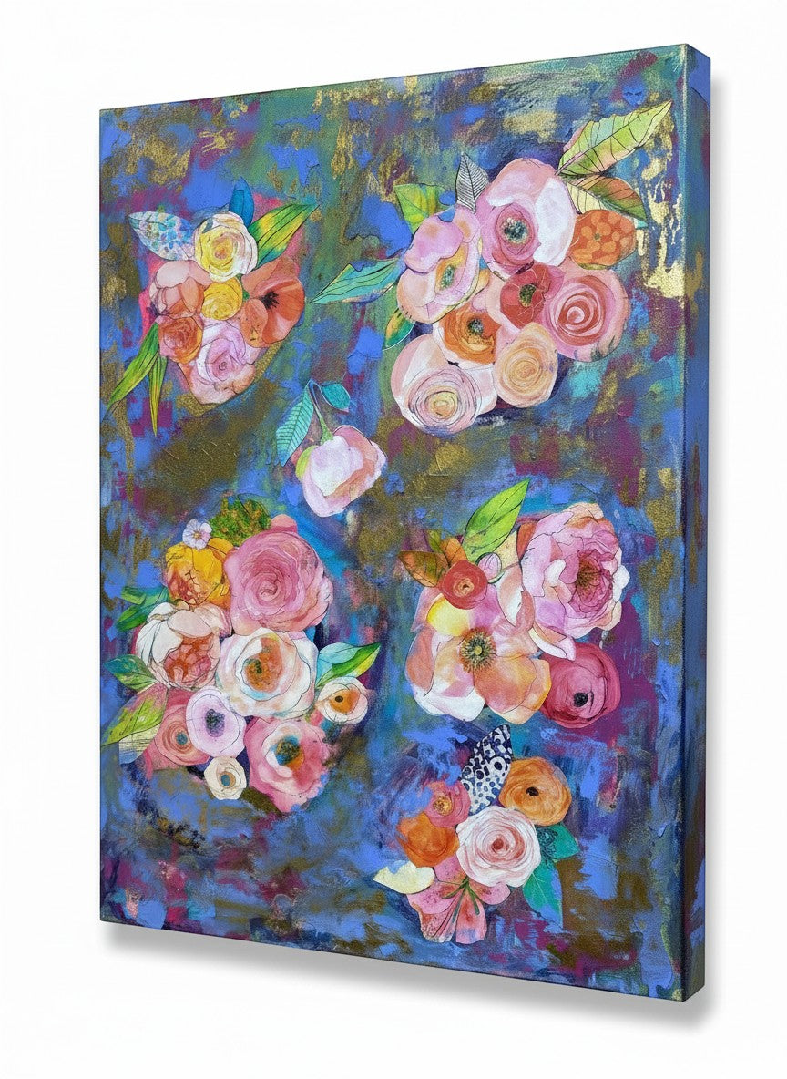 Chic Collective Gathered in Bloom floral art with pink roses, coral ranunculus, peonies on abstract sapphire, violet, emerald, gold background.