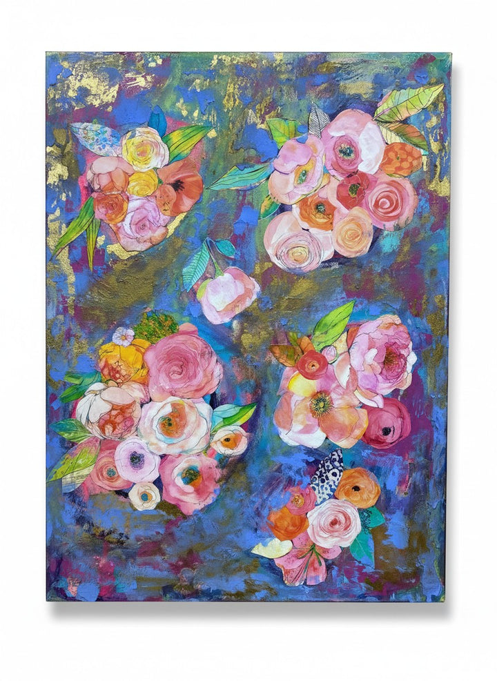 Chic Collective Gathered in Bloom abstract floral painting with pink roses, coral ranunculus, peonies on sapphire, violet, emerald, gold background.