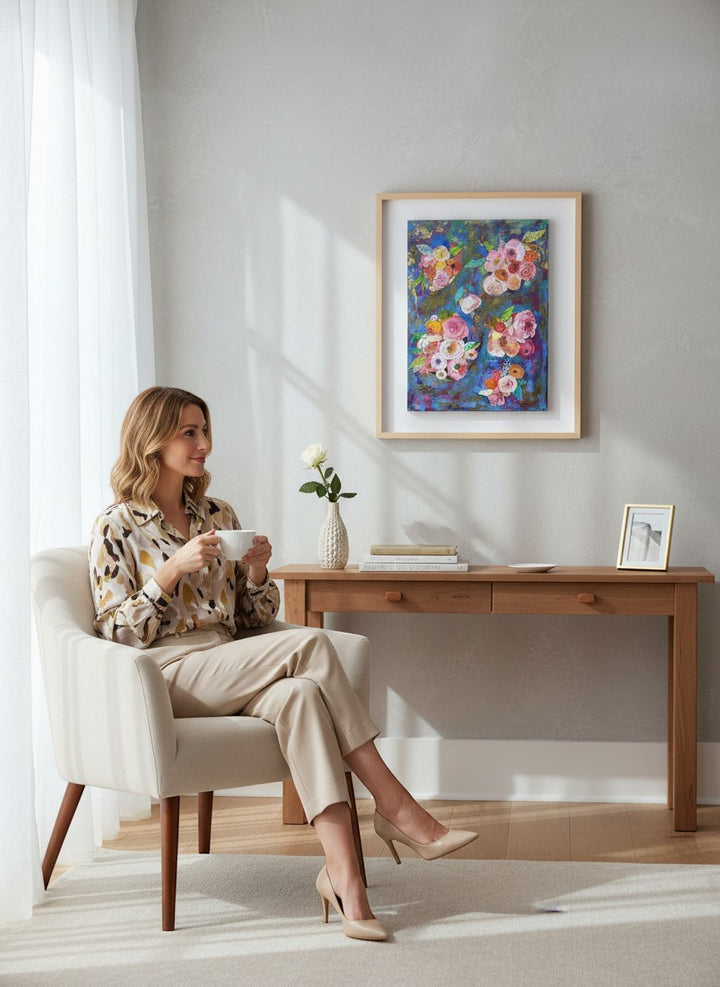 Chic Collective Gathered in Bloom abstract floral painting with roses, peonies, and ranunculus on a sapphire and violet background.