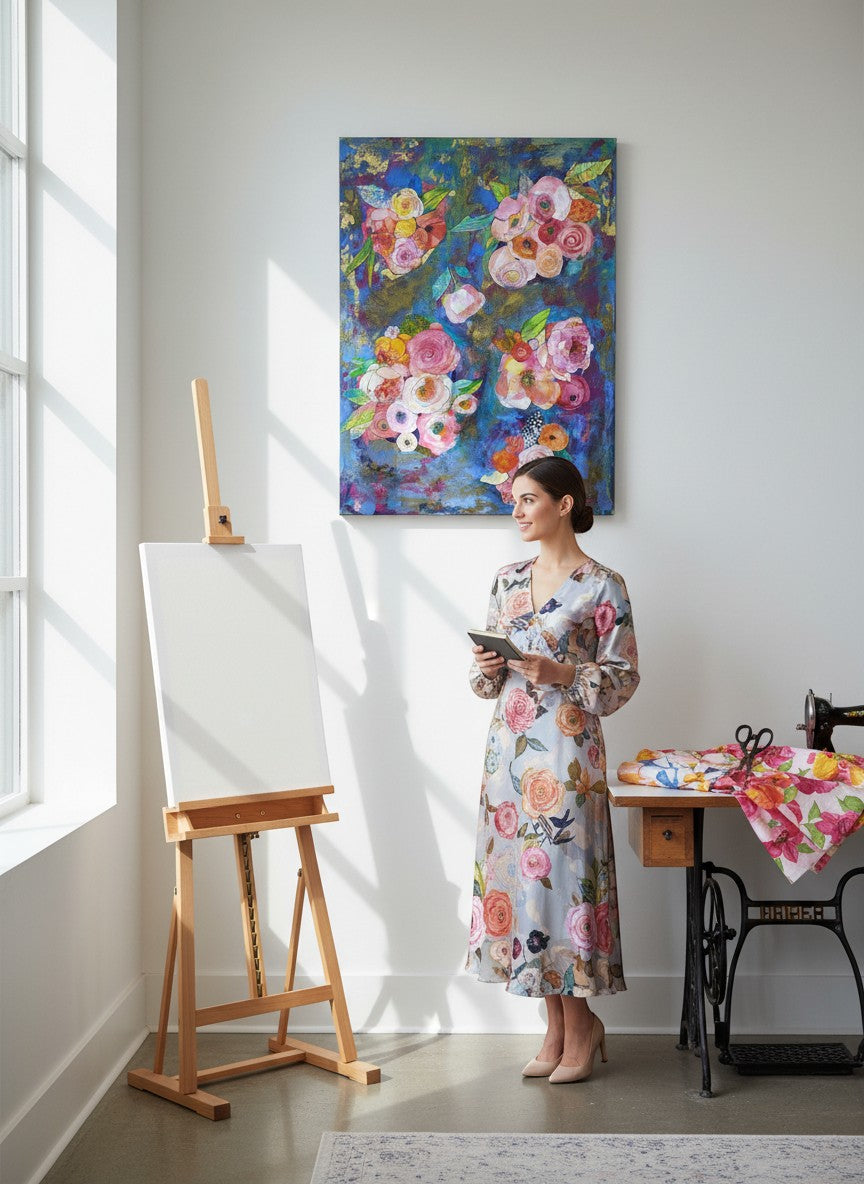Chic Collective Gathered in Bloom abstract floral painting with roses, peonies, and ranunculus on a sapphire background.