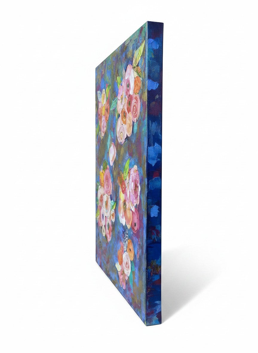 Chic Collective Gathered in Bloom abstract floral painting with pink roses, coral ranunculus, and peonies on a sapphire and violet background.
