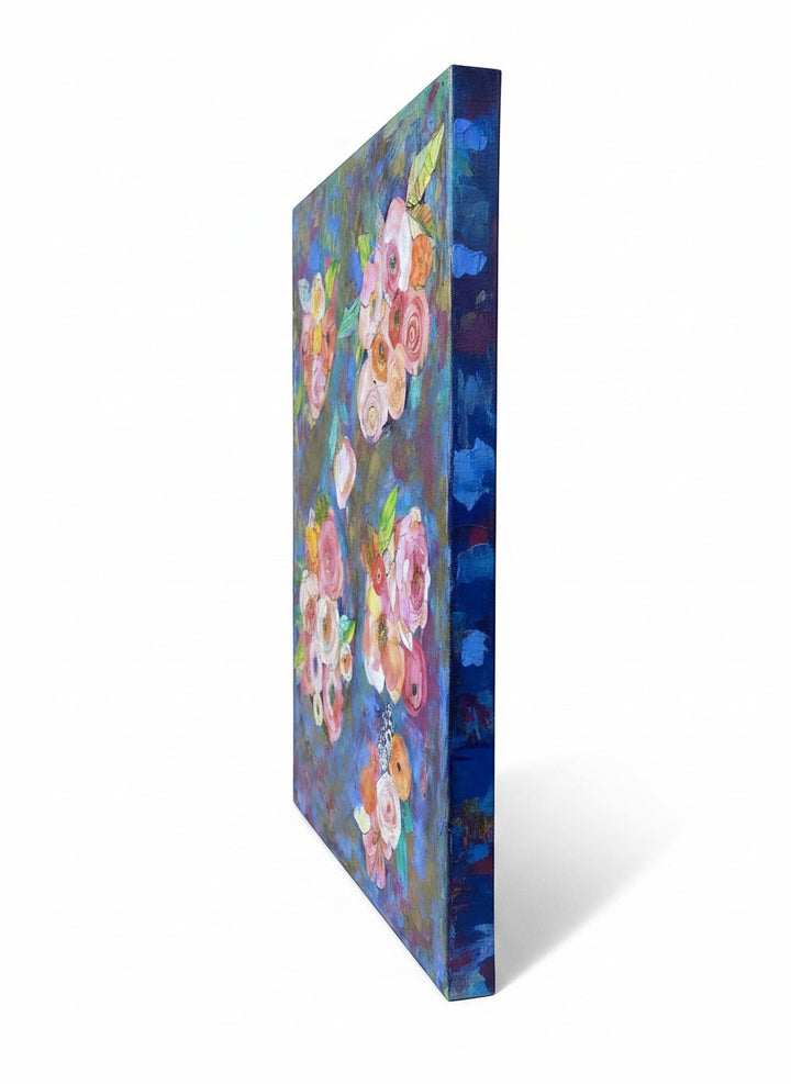 Chic Collective Gathered in Bloom abstract floral painting with pink roses, coral ranunculus, and peonies on a sapphire and violet background.