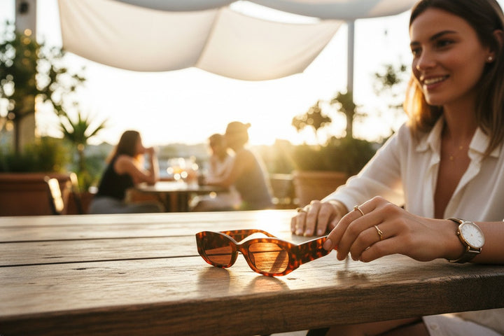 Chic Collective tortoise shell geometric frame sunglasses with gradient lenses on a wooden table.
