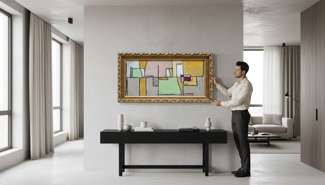 Chic Collective The Geometry of Grace abstract art with muted blush, sage, ivory, ochre, charcoal blocks in ornate gold frame.