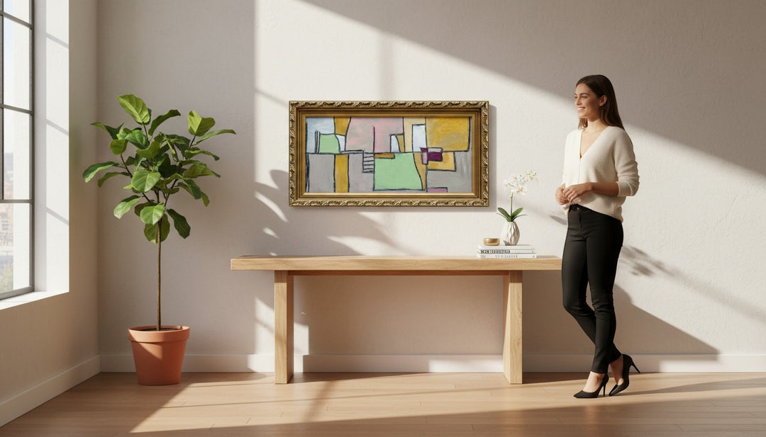Chic Collective The Geometry of Grace abstract art painting with muted blush, sage, ivory, ochre, charcoal blocks in ornate gold frame.