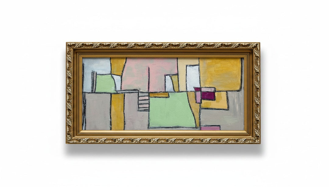 Chic Collective The Geometry of Grace abstract painting with muted blush, sage, ivory, ochre, charcoal, and gold geometric shapes in ornate gold frame.
