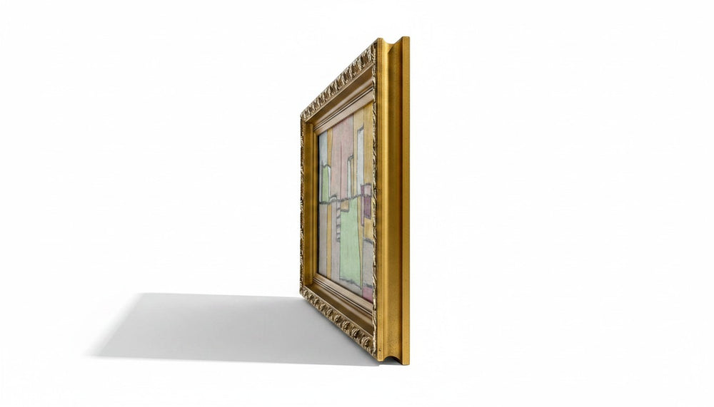 Chic Collective The Geometry of Grace abstract art painting with muted blush, sage, ivory, ochre, charcoal colors in ornate antique gold frame.
