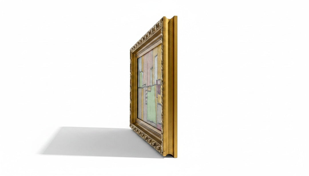 Chic Collective The Geometry of Grace abstract art painting with muted blush, sage, ivory, ochre, charcoal colors in ornate antique gold frame.