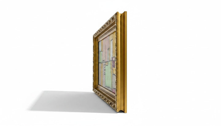 Chic Collective The Geometry of Grace abstract art painting with muted blush, sage, ivory, ochre, charcoal colors in ornate antique gold frame.