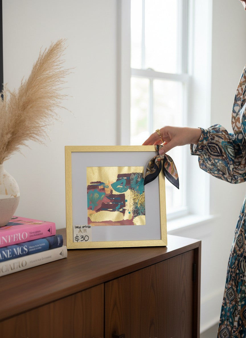 Chic Collective Gilded Whimsy abstract art with turquoise, raspberry, plum, and gold leaf. Framed in gold.