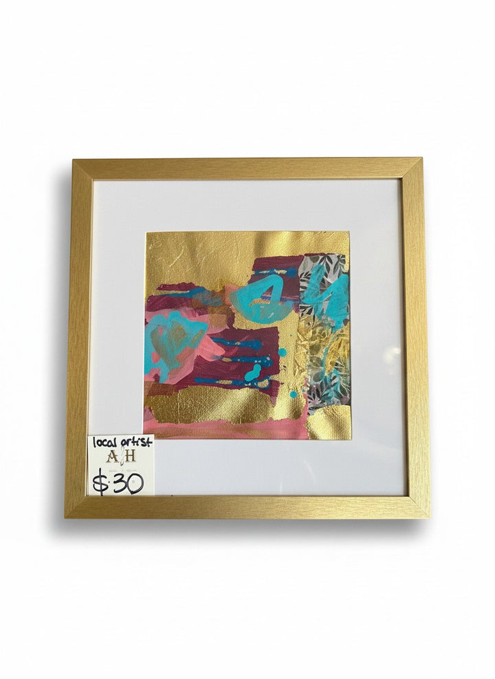 Chic Collective Gilded Whimsy abstract artwork with turquoise, raspberry, blush, plum, and gold leaf. Framed in gold.