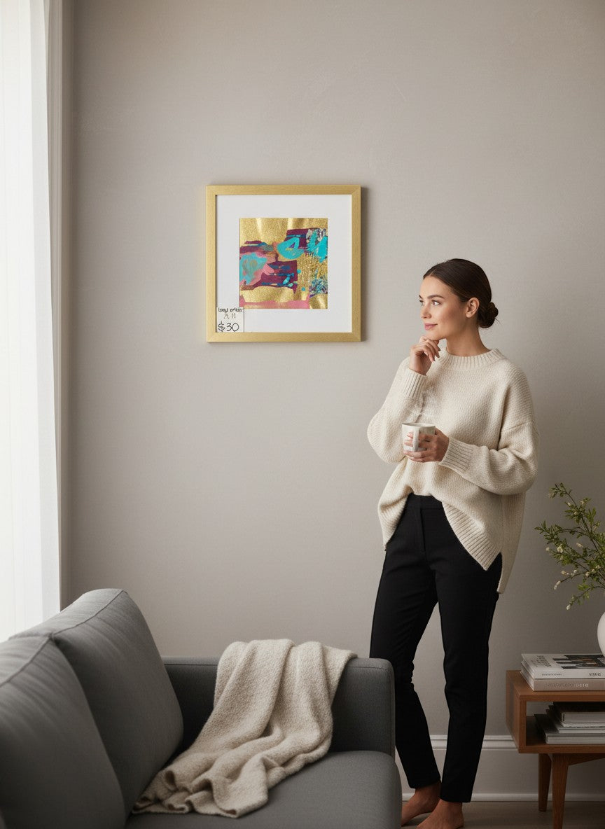 Chic Collective Gilded Whimsy abstract art with turquoise, raspberry, gold leaf, and plum. Framed in gold.