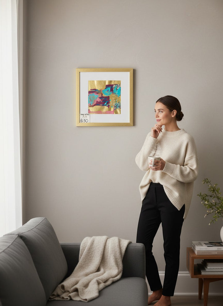 Chic Collective Gilded Whimsy abstract art with turquoise, raspberry, gold leaf, and plum. Framed in gold.
