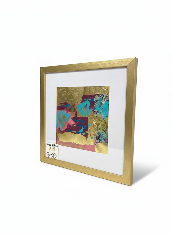 Chic Collective Gilded Whimsy abstract art with turquoise, raspberry, plum, and gold leaf. Framed in gold.