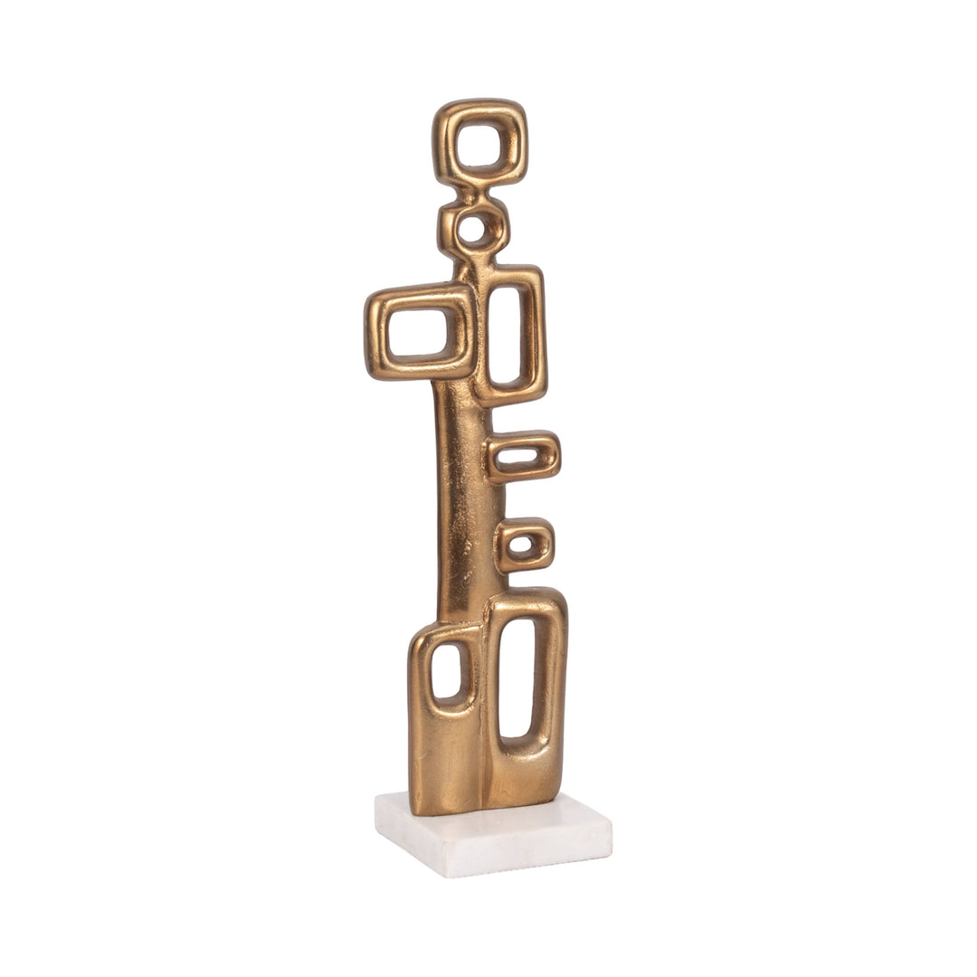 Chic Collective gold abstract metal sculpture with open rectangle shapes on a white marble base.
